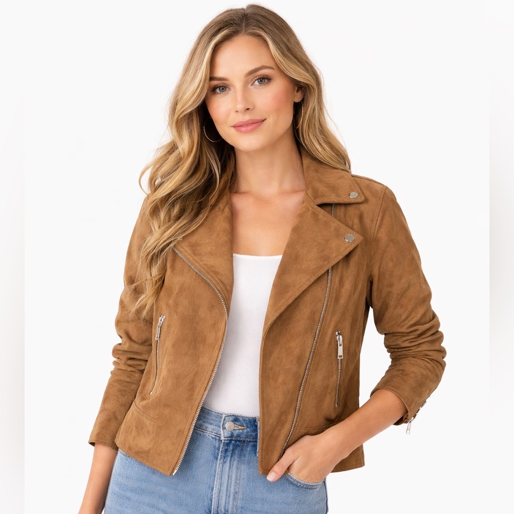 Massimo Dutti Camel Leather Jacket size small with silver hardware
